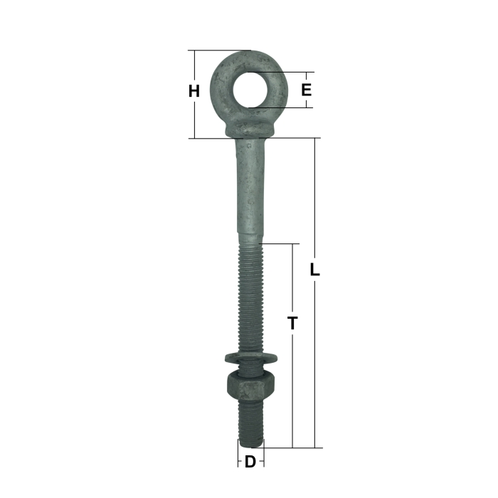 Galvanised Long Shank Eye Bolts (with Nut & Washer)