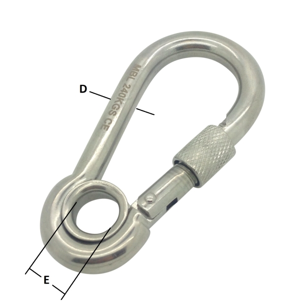 6mm Stainless Steel Load Rated Carbine Hook with Eyelet & Screwgate