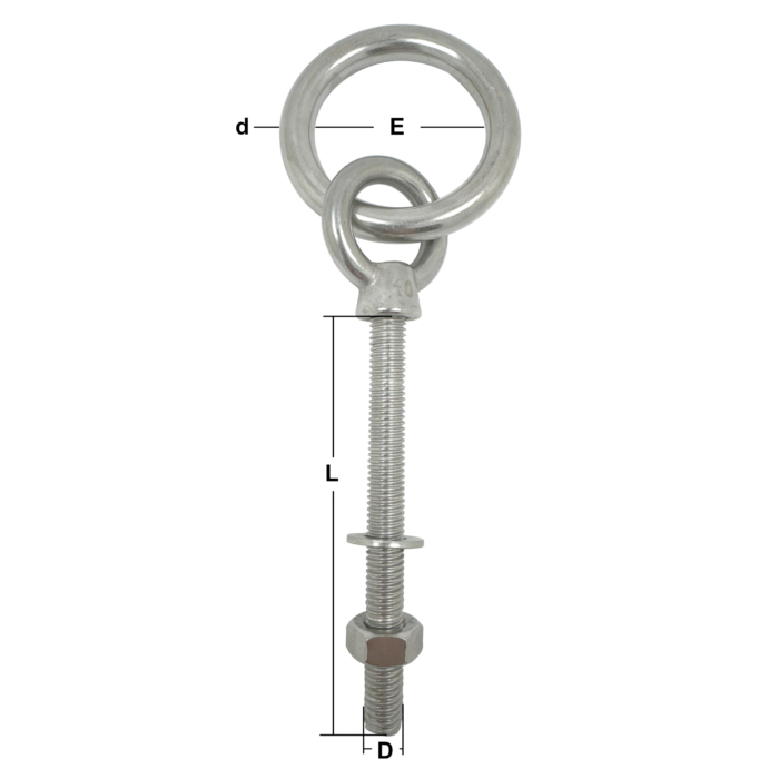 Stainless Steel Long Shank Ring Bolts (with Nut & Washer)