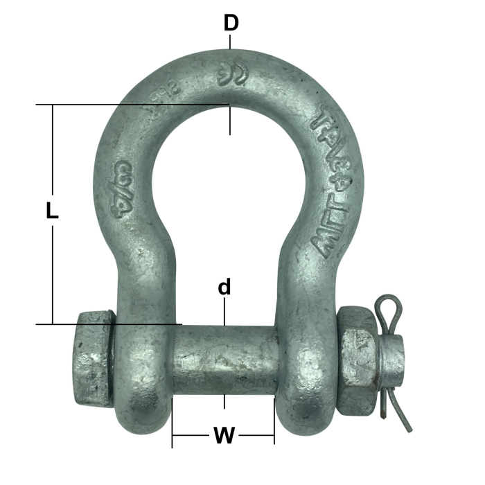 6.50T W.L.L. Galvanised Alloy Steel U.S. Fed. Spec. RR-C-271 Safety Pin Bow Shackle