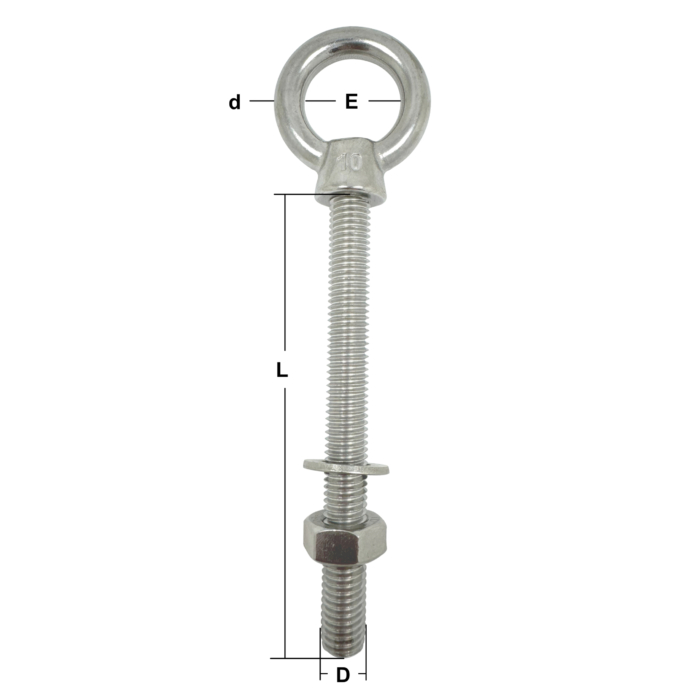 Stainless Steel Long Shank Eye Bolts (with Nut & Washer)